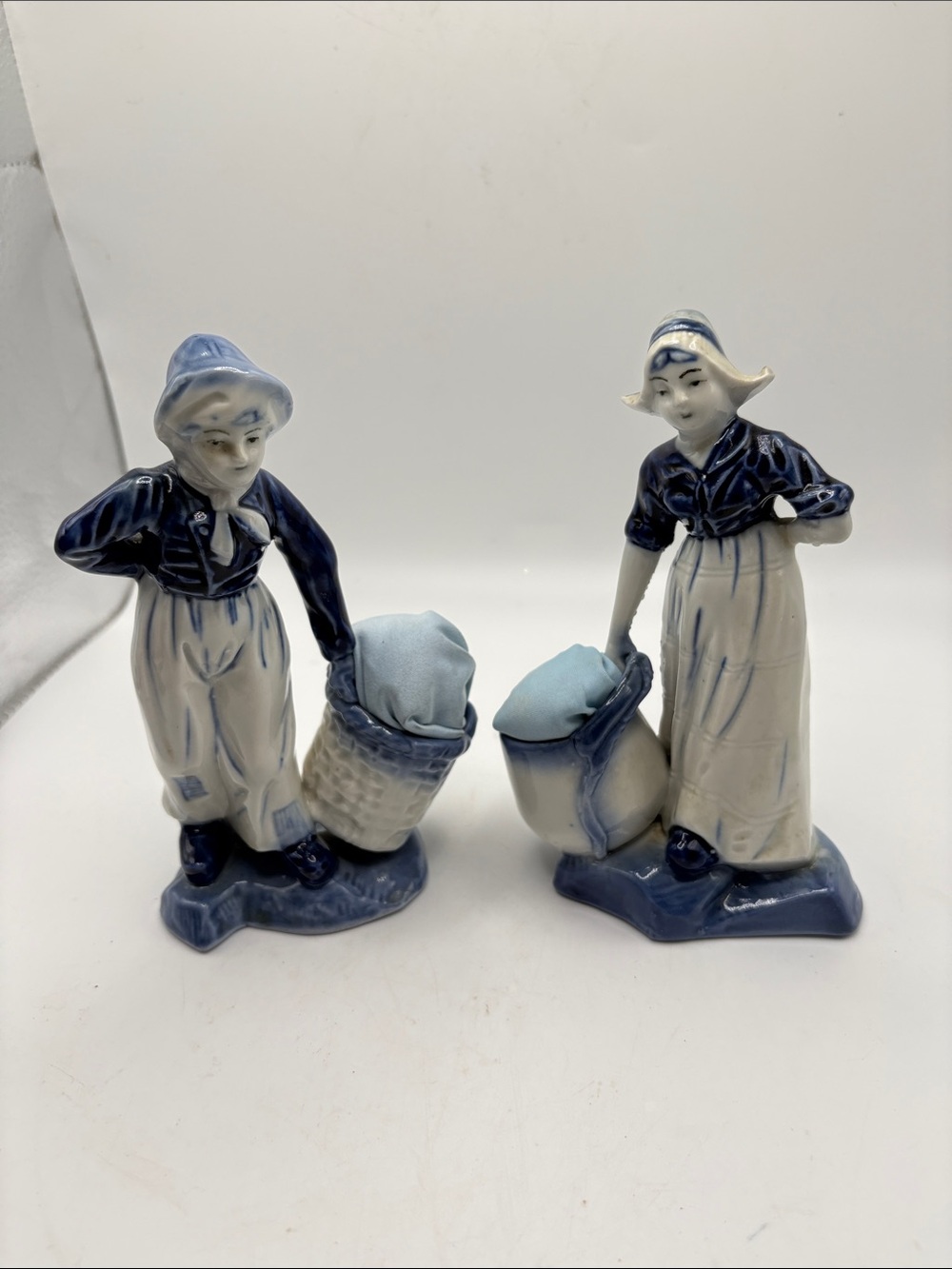 Blue and White Delft-Style Porcelain Figurine Pair - Female & Male Farmers